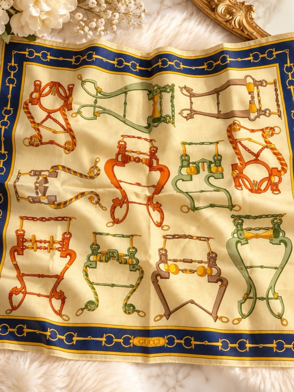 Vintage Gucci Horsebit Equestrian Cotton Scarf 16.5”